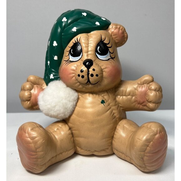 Vintage Teddy Bear Piggy Bank With Green Hat & Shamrock Accents - Picture 1 of 8